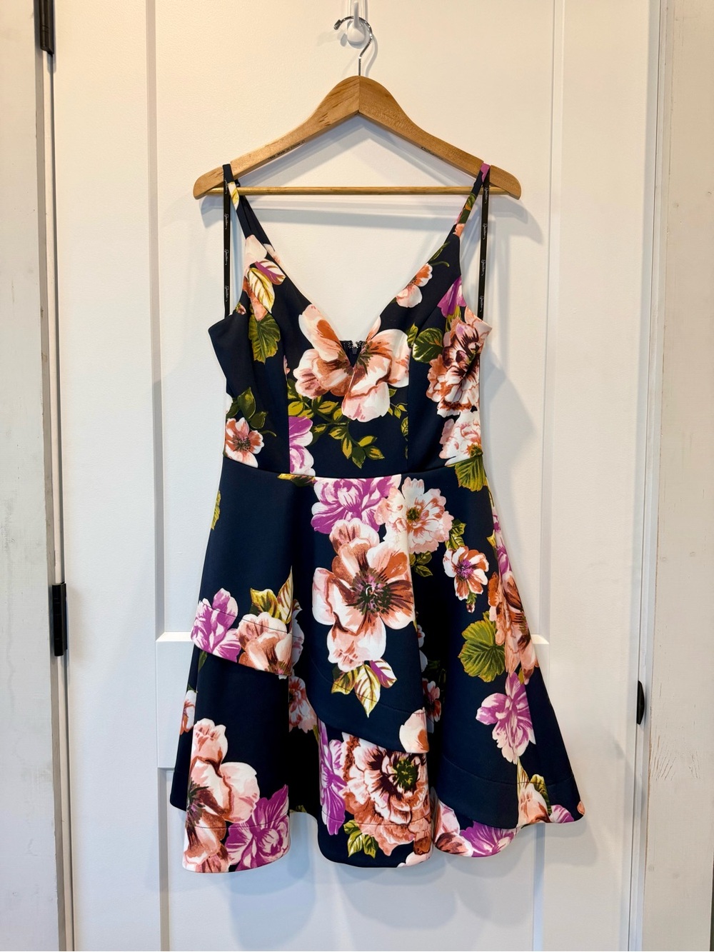 Navy Floral V-Neck Mini Dress with Pink & Peach Blooms